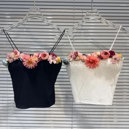 Women's Tanks PREPOMP 2024 Summer Collection Sleeveless Colourful Petals Applique Pin Padded Chest Slim Camisole Women Crop Top GP922