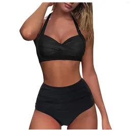 Women's Swimwear Fashion Hanging Neck Solid Colour Beach Holiday Swimwears Bathing Suits 2024 Summer Sexy Swimsuit Bikini Two Piece Set