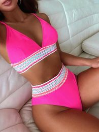 Women's Swimwear Bikini Set Sexy Rose Red High Waisted 2024 Woman Striped Tape Swimsuit Bathing Suits Brazilian Mujer Beach Wear