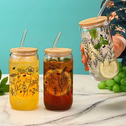 Tumblers Black Line Flowers Clear Drinking Glass Can With Bamboo Lid Straw Juice Coffee Milk Cup For Hot/Cold Drinks Drinkware Gifts H240425