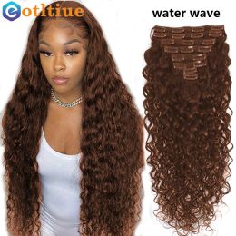 Wigs Wigs Chocolate Dark Brown Water Wave Clip In Human Hair Brazilian Real Hair Clip In Curly 4# Coloured For Women