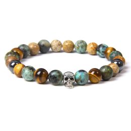 Strands Skull Bracelets For Men Women Natural Stone Tiger Eye Bracelet Malachite Labradorite 8MM Beads Stretch Bangles Punk Jewelry