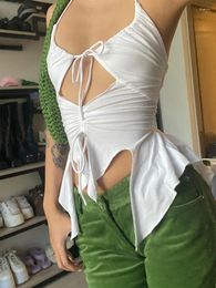 Women's Tanks 2024 Aesthetics Sexy Ruffles Cut Out White Tank Tops Fashion Bandage Hollow Halter Drawstring Clubwear