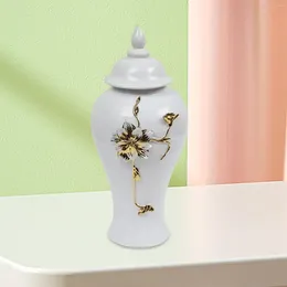 Storage Bottles Ceramic Vase With Lid Decorative Accessories Chinese White And Aureate Ginger Jar For Floral Desk Home Office Party