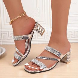 Slippers Crystal Mid Heels Women Shoes Summer Dress Chunky Sandals 2024 Outdoor Beach Flip Flops Pumps Cozy Fashion Mujer Slides