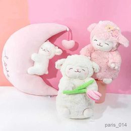 Stuffed Plush Animals White Woollen Doll with Standing Posture Cute Sheep Kaii Pink Lamb Super Soft Holding Flowers Kaii Gift 27cm