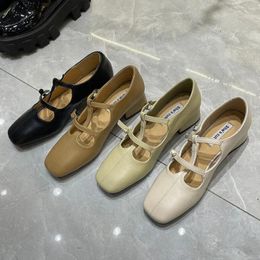 Dress Shoes Round Toe Women Pumps Hollow Slip On Belt Buckle Flat Mid Heels Black Khaki Beige Office Daily Slides Work 39