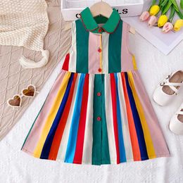 Girl's Dresses 2024 New Spring Kids Dress 2-7Y Girls Coloured Stripes Sundress Children Outwear H240425