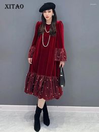 Casual Dresses XITAO Patchwork Beading O-neck Dress Temperament Long Sleeve Loose Style Fashion Slimming Women DMJ3779