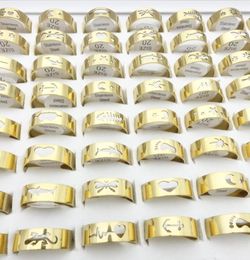 Whole 100PCS Stainless Steel Band Rings For Men Laser Cut Mixed Patterns Fashion Jewellery Womens Ring Size 1721mm Golden Plate1560870