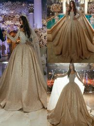 Luxury Champagne Ball Gown Wedding Dresses 2020 Beading Long Sleeves Bridal Gowns Lace Appliqued Plus Size Wedding Dress7272229