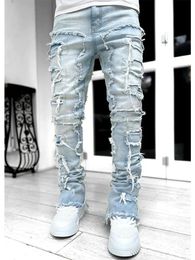 Mens Creative Tassels Decoration Straight Fit Jeans Casual Medium Stretch Street Style Denim Pants For All Seasons 240417