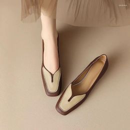 Casual Shoes Square Toe Color Matching Shoe Womens 2024 Fashion Medium Thick Heel Soft French Elegance Flats