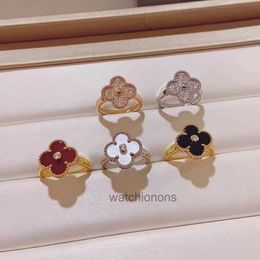 High-end Luxury Ring Fanjia High Edition Lucky Four Leaf Grass Female S925 Silver Natural White Fritillaria Red Full Diamond Color Preservation