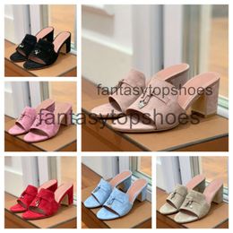 Loro Piano LP Slides Suede Charms Mules Slippers Red Chunky Block Heels Open-toe Women Luxury Designers Genuine Bottoms Outsole Casual Party Shoes DB73