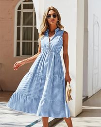 Striped Shirt Dress Women Sleeveless V-Neck Long Dresses Summer Casual Buttons A-Line Beach Holiday Dresses Female Clothing 240424