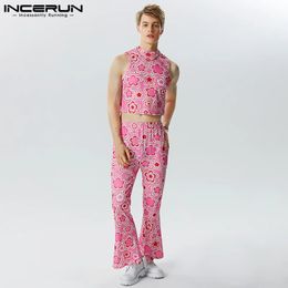 Men Sets Flower Printing O-neck Sleeveless Crop Tank Tops Pants 2PCS Streetwear Summer Fashion Mens Suits S-5XL INCERUN 240423