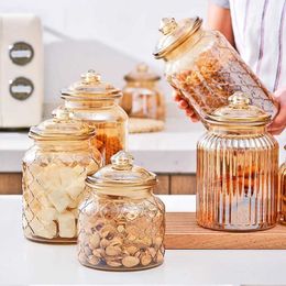 Storage Bottles Jars Creative Grid Glass Can Amber Sealed Bottle Grain Food Container Home Cookies Candy Decoration H240425