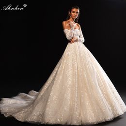 Gorgeous Lace Off Shoulder Removable Sleeves Ball Gown Wedding Dress Beading Pearls floral Appliques princess Bridal Gowns With Multi-layered Lace