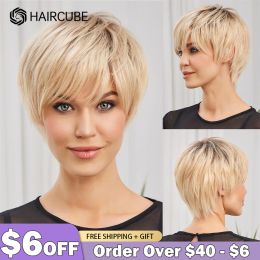 Wigs HAIRCUBE Human Hair Wigs Pixie Cut Straight Wigs With Bang Ombre Blonde Layered Short Bob Wigs for Women Glueless Human Hair Wig