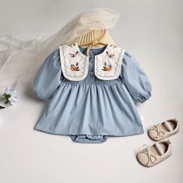 One-Pieces MILANCEL Spring Solid Pleated Baby Bodysuit Toddler Girls Princess Clothes Emboridery Big Collar Infant Clothing