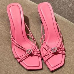 Slippers Heart Shaped Crystal Embellished Sugar Pink Sandals French Square Toe Open Slim Heels With Thin Straps High