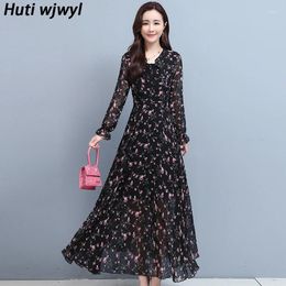 Casual Dresses Floral Chiffon Boho Beach Dress Women Black Party Bodycon Vestidos 2024 Spring Autumn Vintage Evening Maxi