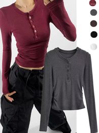 Women's T Shirts Retro Crew Neck Pullover Multi-Button Long Sleeve Crimp Round Base Inner Wear Blouse Slim Fit Looking All-Match Adult Lady