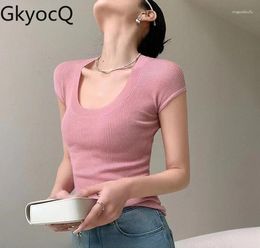 Women's T Shirts GkyocQ Korean Fashion Women Knit Tops U-neck Simple Casual Style Short Sleeve Slim Knitted T-shirt All Match Female