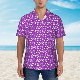 Men's Casual Shirts Music Notes Beach Shirt Purple And White Hawaii Men Cool Blouses Short Sleeve Y2K Funny Design Tops