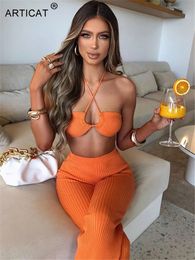 Articat Casual Backless Two Pieces Sets Women Sexy Halter Hollow Out Top Long Flare Pant Suit Party Outfits Strapless Tracksuit 240420