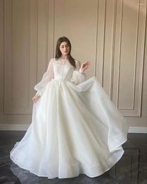 Party Dresses Elegant White Organza Muslim Wedding Dress With Puff Long Sleeves A-line Floor-length Princess Bride Evening Gown 2024