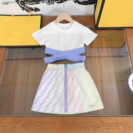 Clothing Sets skirt set kid sets kids designer clothes girls Bare waist Ribbon splicing t-shirt Gradient iridescent Colour zipper Elastic skirts suit baby Q240425