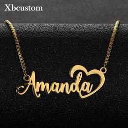 Custom Name Necklace for Women Personalised Letter Heart Nameplate Gold Stainless Steel Box Chain Necklaces Jewellery Wholesale 240416