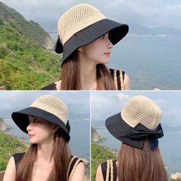 Wide Brim Hats Bucket Hats Outdoor UV Protection Sun Hat Summer Womens Bucket Foldable Basin Sunscreen C Bow Hollow Stitching Panama Hats Fisherman J240425