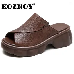 Slippers Koznoy 5.5cm 2024 Women Peep Toe Cow Genuine Leather Moccasins British Platform Wedge Ladies Mary Jane Slipper ROME Summer Shoes