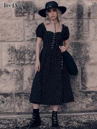 Casual Dresses InsDoit Gothic Floral Print Button Midi Women Square Collar Puff Sleeve Grunge Aesthetic Elegant Party Nightclub Outfits