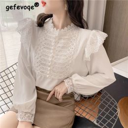 Blouse Vintage Embroidery Ruffle Lace Beads Chic Elegant Stand Collar Party Tops Blouses Women Fashion White Sweet Long Sleeve Shirts