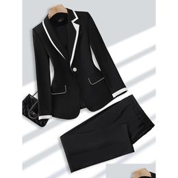 Women'S Suits & Blazers Womens Black Khaki 2 Piece Set Ladies Pant Suit Formal Women Office Business Work Wear Blazer And Trouser 230 Dhgkn