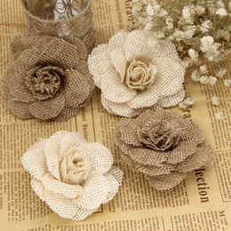 Decorative Flowers 2/3/5pcs 9cm Handmade Hessian Burlap Rose Vintage Rustic Wedding Christmas Decorations For Home