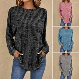 Women's Blouses Crew Neck Women Top Versatile Knitted T-shirt Stylish Spring-fall Solid Colour Loose Fit Elastic Sleeves For A