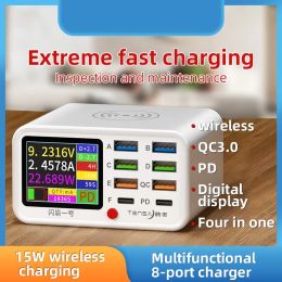 Chargers Multi Function Charger Station with 1.8inch LED Screen 8 Port USB QC3.0 USBC PD 20W and 15W Wireless Fast Charging