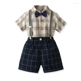 Clothing Sets A 2024 Boy's Summer Plaid Short-Sleeved Shirt With Suspenders Suit Children Gentleman's Clothes Boys