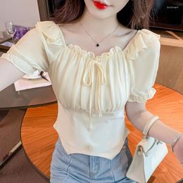 Women's Blouses Off Shoulder Chiffon Summer Women 2024 Korean Fashion Clothing Slim Blusas Mujer Short Sleeve Sexy Ladies Tops Y2k