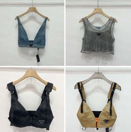 Shiny Rhinestone T Shirts Women Denim Sling Vest Sexy Cropped Top Party Tank Tops V Neck T-Shirt Bra Designer Fashion Clothing 46655