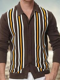 Men's Polos 2024 Spring Thin Knitted Business Casual Long Sleeved Striped Polo Shirt Trendy T-Shirt