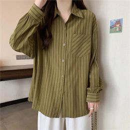 Women's Blouses Korean Style Striped Print Long Sleeve Button Up Shirt Women Spring Autumn Casual Simple Streetwear Loose All Match Tops