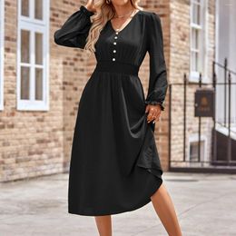 Casual Dresses V Neck Long Sleeve Autumn Winter Women'S Elegant Cotton Linen Wedding Guest High Waisted Slim Dress Vestidos Para Mujer