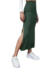 Skirts Women S Elastic High Waist Maxi Skirt Solid Color Casual Party Split Beach