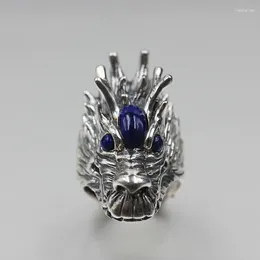 Cluster Rings Real 925 Sterling Silver Domineering Personality Dragon Head Male Ring Lapis Lazuli Inlaid